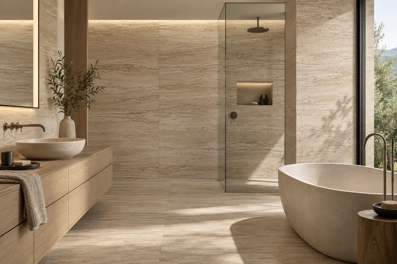 Warm travertine-look tile in a serene modern bathroom